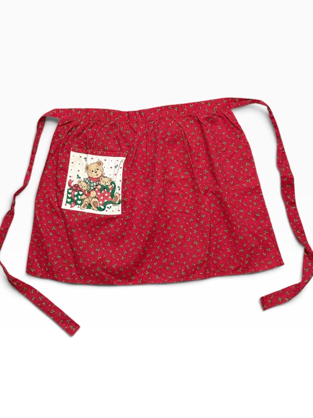 Vintage Handmade Waist Apron Holiday Christmas Teddy Bear Holly